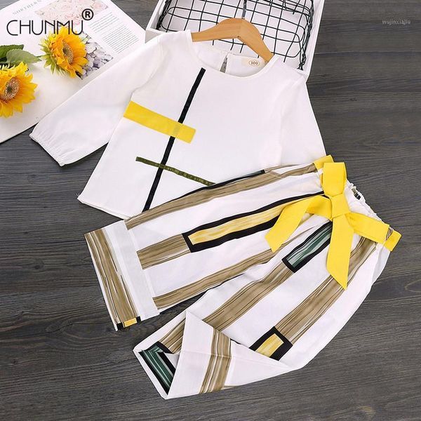 

clothing sets baby girls autumn clothes set casual outfits geometric long sleeve + striped wide-leg pants girl children clothing1, White