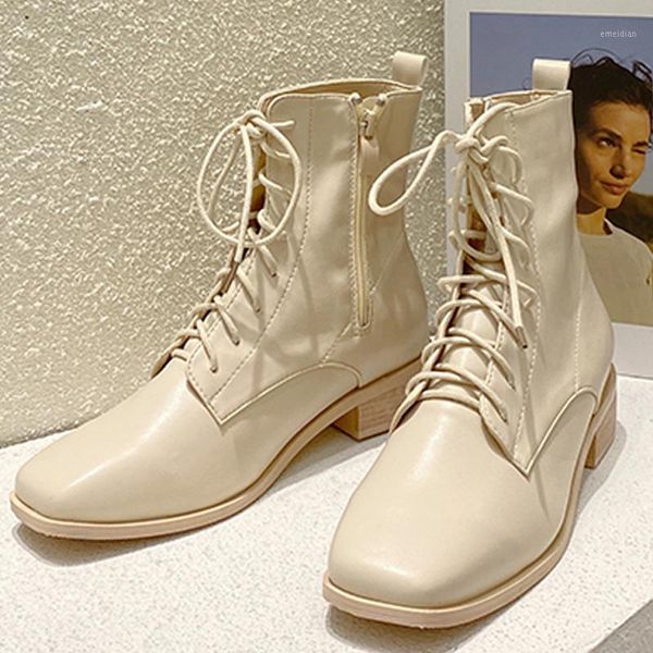 

2020 new boots women fashion lace-up square toe ladies flats ankle booties zipper thick heels female boots dress woman shoes1, Black
