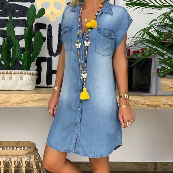 

denim dresses women summer dress casual turndown neck party dress sleeveless swing dresses 2021 vestidos plus size dress, Black;gray