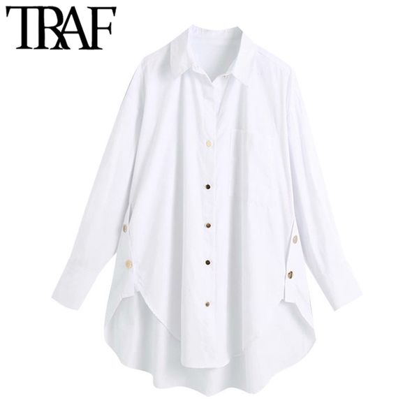 

traf women fashion with side buttons loose asymmetrical blouses vintage long sleeve pockets female shirts chic 220315, White