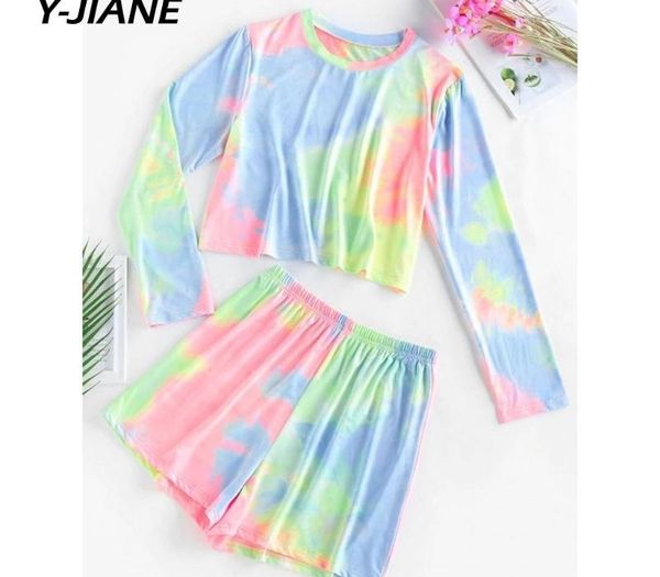 

женщины set summer tie dye с длинным рукавом рубашки сыпучие и байкер шорты повседневная двухкусочный set уличная нижнее костюмы # g3, Gray