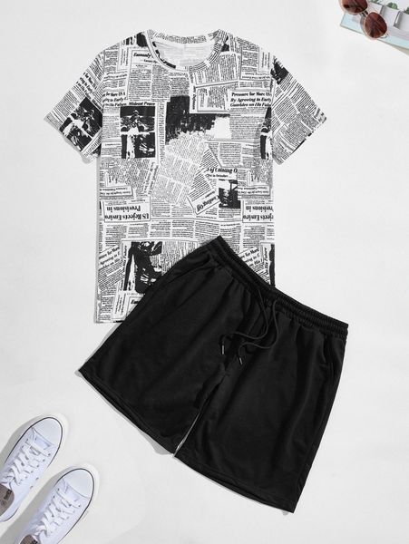 

men newspaper print tee with drawstring track shorts o1ot#, Gray