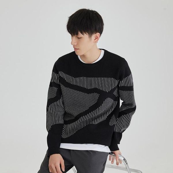 

2020 men o-neck sweater autumn winter warm vertical stripes jacquard long sleeve knitted casual male sweater pullover w1289, White;black