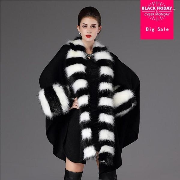 

autumn winter women's warm and fashion loose poncho causal cloak long knitted cardigan fake fur collar shawl coats l12441, Black