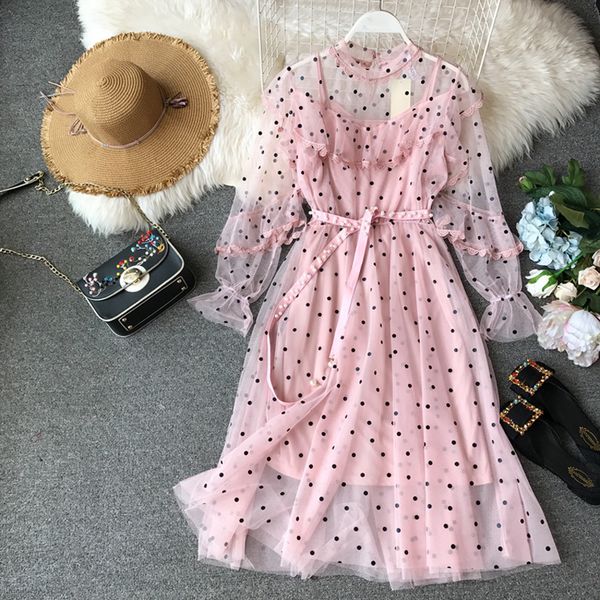 

polka dot dress ruffled boho mesh dress women winter beach dresses two piece lace pink bohemian 2019 korean kawaii vestidos y0118, Black;gray