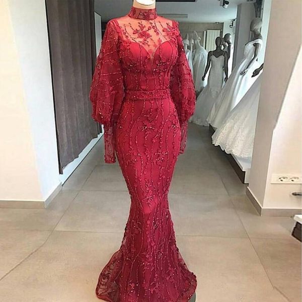 

2021 elegant arabic evening dresses luxury beaded lace high neck long sleeves floor length prom dress formal party gowns robe de soiree, Black;red