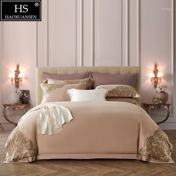 

light brown delicate lace 4piece bedding sets tencel lyocell fabric  king size quilt cover pollowcase sheets silky summer1