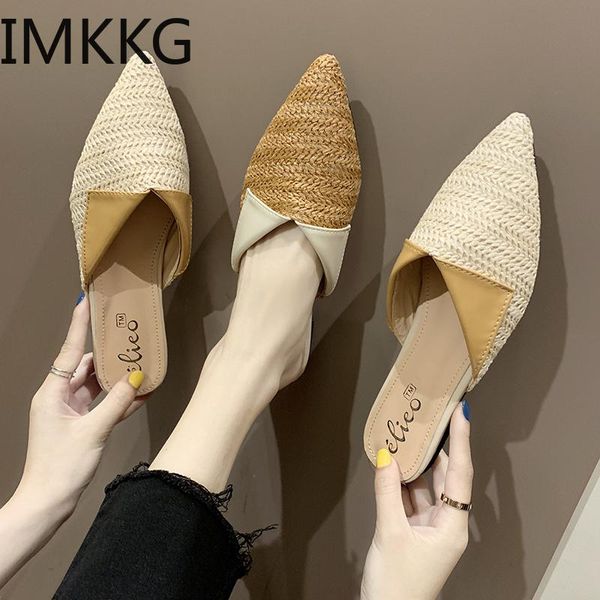 

slippers 2021 women fashion pointed toe weave mules shoes flat slides summer beach flip flop outside slip on y10141, Black
