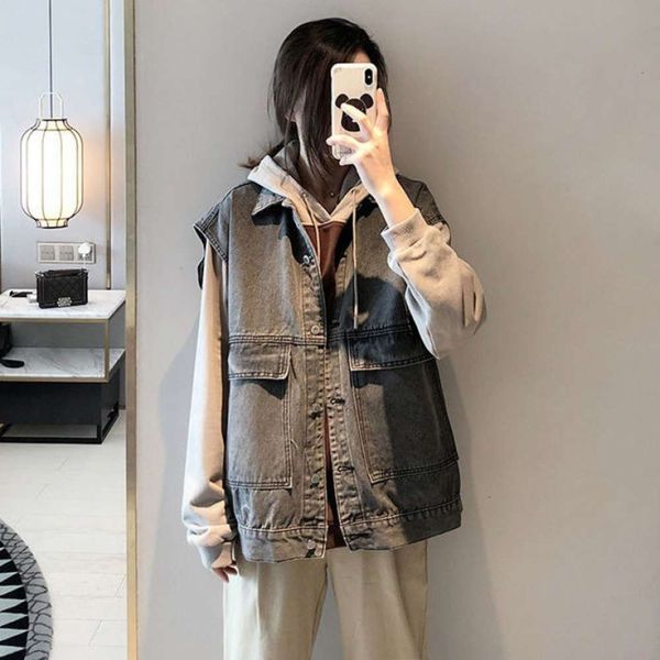 

jeans waistcoat women's spring 2021 new korean insbf student short sleeveless tooling top, Black;brown