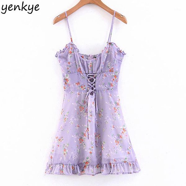 

women sweet floral print sling dress lady backless sleeveless front lace up ruffle a-line mini summer holiday beach dress1, Black;gray