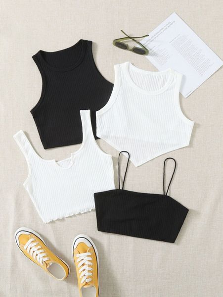 

4pcs solid ribbed knit crop q7ay#, White