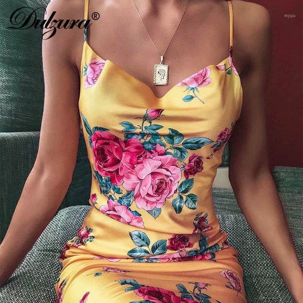 

dulzura floral print satin vintage women midi dress boho strap lace up backless 2020 summer clothes party evening elegant1, Black;gray