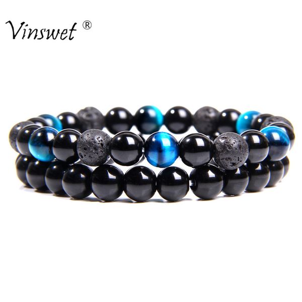 

2 pcs natural lava stone beads bracelets mens fashion elastic bracelet for women blue tiger eye energy jewelry gifts, Black