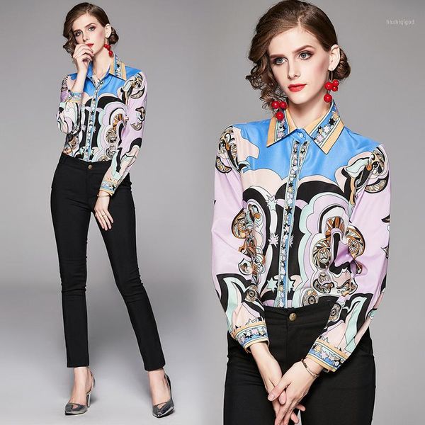 

spring summer fall runway vintage floral print collar button front long sleeve womens ladies party casual shirt blouse1, White