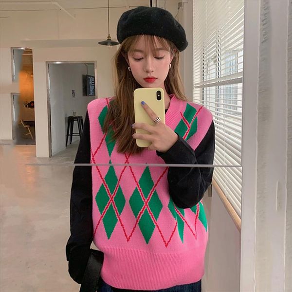 

корейский розовый аргайл свитер жилет для женщин 2020 осень зима пуловер жилет жилет трикотажный рукавов jecket жилет фам, Black;white