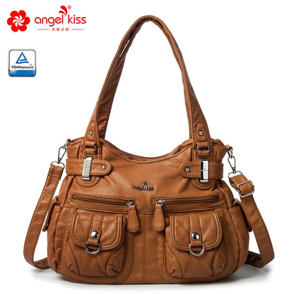 

angelkiss brand eco-friendly washed pu leather handle satchel shoulder bag women tote handbag of two-compartment design c0117