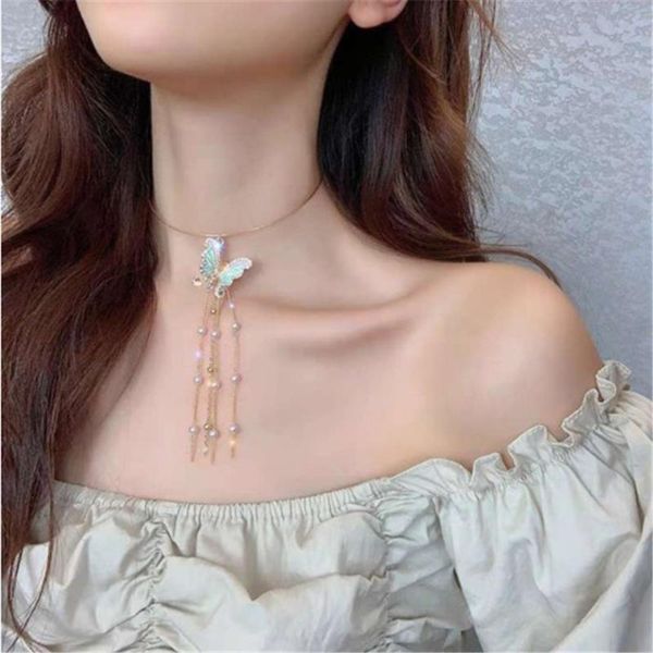 

retro popular chinese style butterfly enamel pearl tassel fairy sense ins wind ear clip ladies fashion necklace, Silver