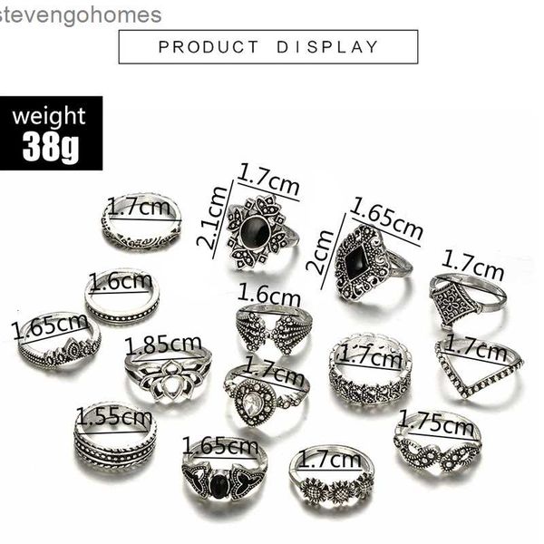 

factorycwtufashion jewelry rings 15 piece personality of hollow out lotus sunflower geometric black set ring, Silver