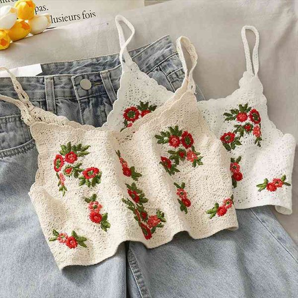 

korean style cropped summer crop female women crochet floral embroidery sleeveless knit camisas mujer, White