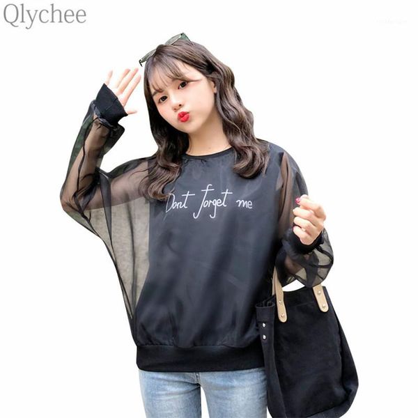 

qlychee false two pieces letter print women mesh tee round collar long batwing sleeve t-shirt spring autumn female t shirts1, White