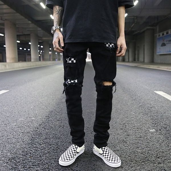 

oem fog dropshipping skinny ripped rips black checkboard jeans