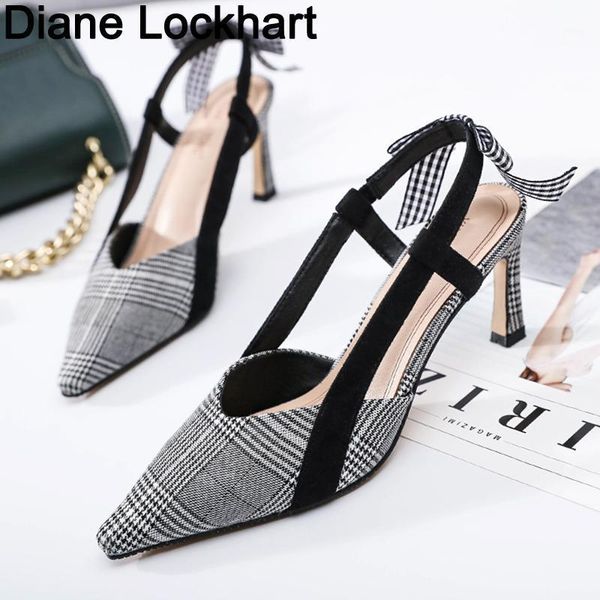 

women plaid high heel pumps elegant butterfly-knot pointed toe thin heel slip-on office ladies shoes zapatos mujer female sandal1, Black