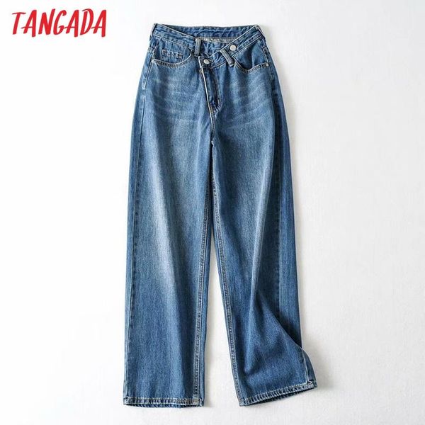

tangada 2020 new fashion women design blue long jeans pants trousers pockets buttons female pants 2qi03