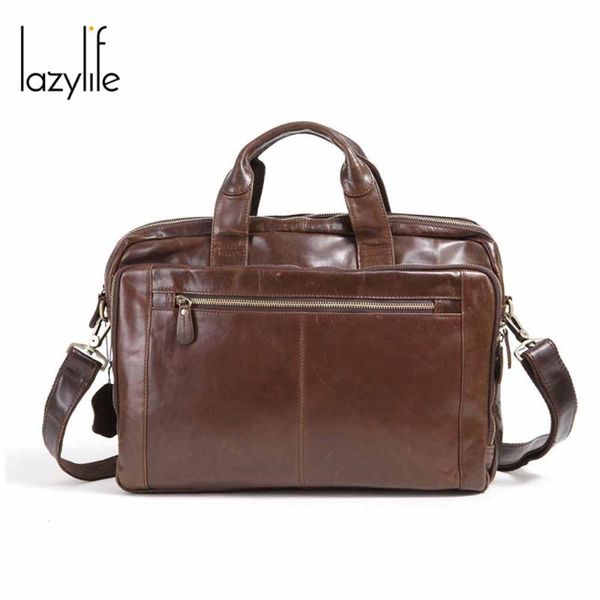 

lazylife men briefcase bag business genuine leather shoulder messenger bags office handbag 15.6 inch laptop