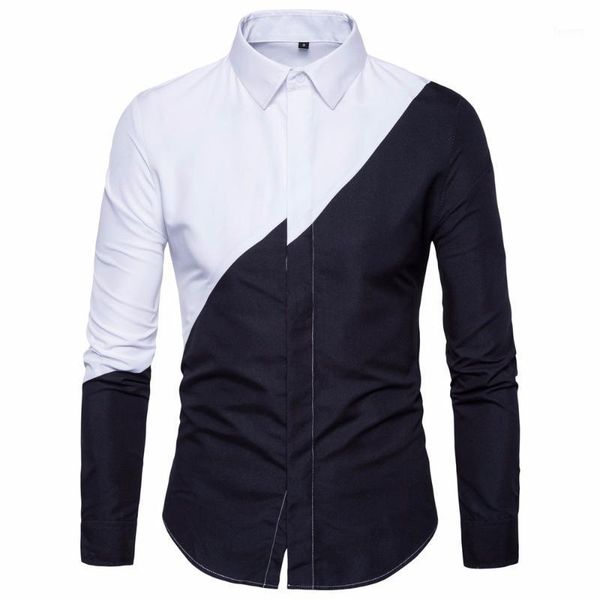 

fashion black and white stitching men's long-sleeved shirts business men's fashion shirts lapel1, White;black