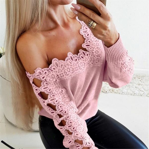 

new knitted sweater women casual long sleeve sweaters fashion slash neck lace patchwork sweater jumper pullover plus size, White;black