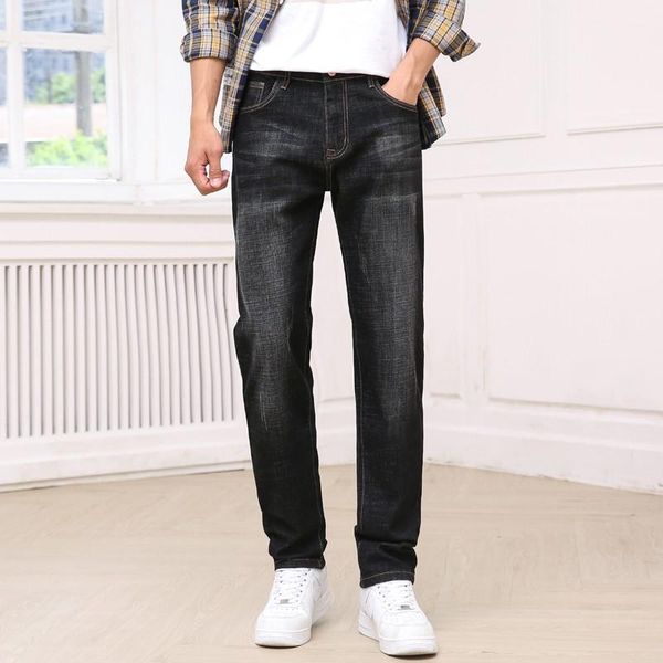 

men's jeans autumn stretch cotton business straight leg classic style fashion dark blue denim pants male loose fit