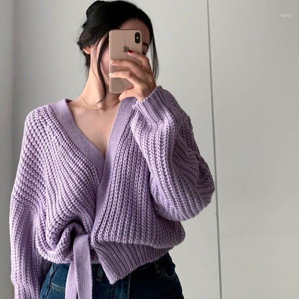 

twisted knitted sweater women lace up loose oversized jumpers long sleeve v-neck korean cardigans autumn winter knitwear x6661, White