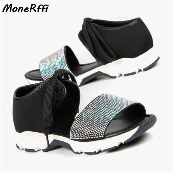 

2020 fashion summer platform rhinestones flat casual comfortable light leisure shoes woman lace-up sandals women shoes female1, Black