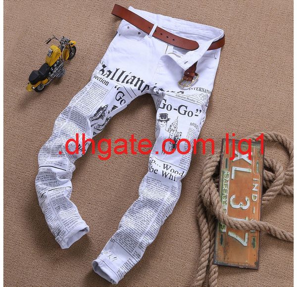 

new white printed men's jeans, slim fit straight jeans 582, Blue