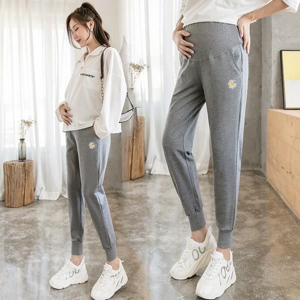

daisy embroidery casual sweatpants pocket high waist pants pregnant women classic sports pants maternity clothes 8032-2, White