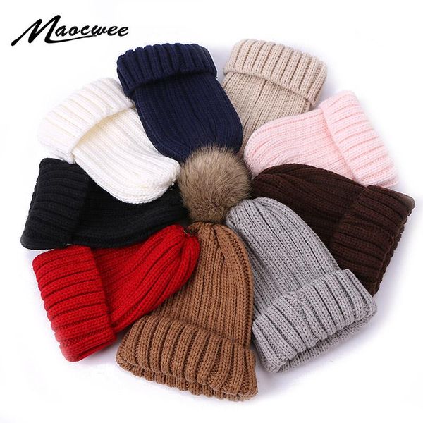 

beanies fashion parent-child hat cute baby faux fur pompon beanie winter crochet slouch hats kids warm knitted bonnet ski cap
