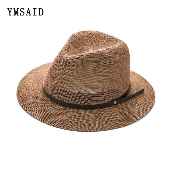 

new solid color belt buckle straw hats breathable wide brim visor hat women chapeu straw jazz hats summer beach cap y200714, Blue;gray