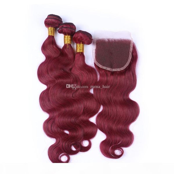 

body wave 99j with lace closure wine red body wave malaysian virgin human hair weaves with lace closure burgundy pure color hair wefts, Black;brown