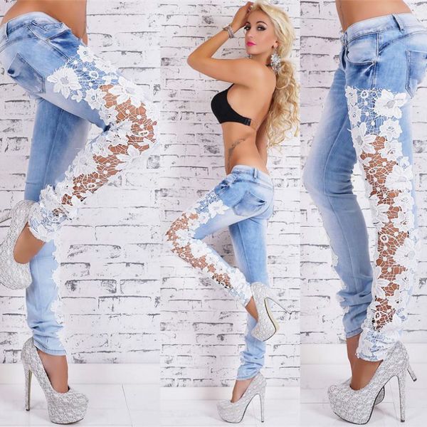 

women ny ladies lace mid waist hollow out casual women's denim pencil solid jeans pants, Blue