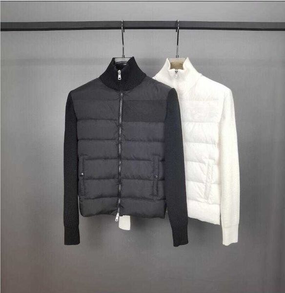 

men knitting stand collar down coat thick warm double zipper design jacket slim parkas black /white color