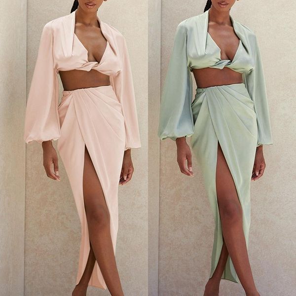 

women's tracksuits deep v neck long sleeve crop and high slit skirt 2 pieces set women fashion party club outfits sets, Gray