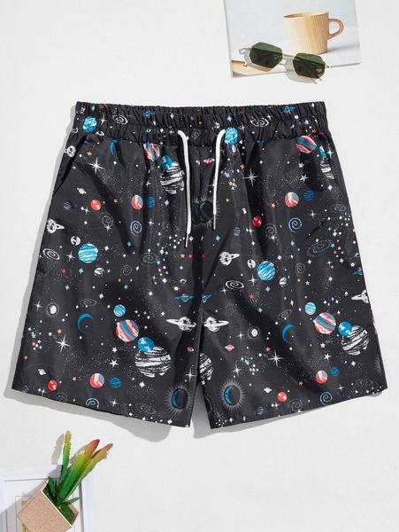 

romwe guys planets print drawstring shorts 5'' e86n#, Black