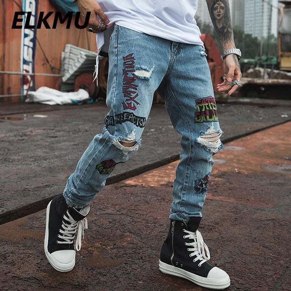 

elkmu skinny jeans men fashion letter graffiti print streetwear destroyed ripped jeans hip hop hole denim pants male he201, Blue
