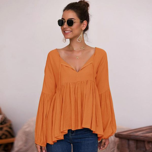 

women's blouses & shirts women cute v-neck ruffle blouse solid color office lady puff long sleeve pleated shirt casual elegant fashion, White