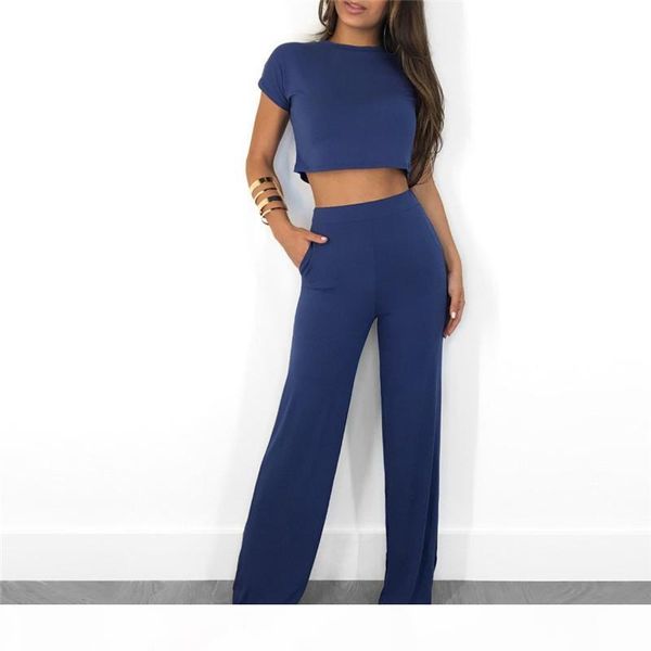 

women o-neck short sleeve crop and wide leg pants two piece sets casual clothes summer 2 piece outfits matching sets female, Gray