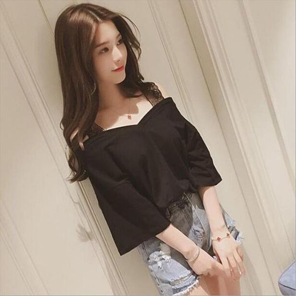 

selling t shirts women solid color three quarter sleeve slash neck lace spaghetti strap women loose woman tshirt, White