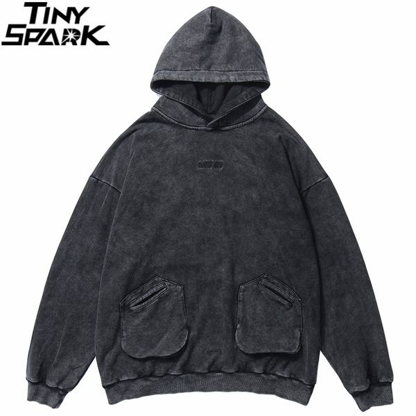 

men oversize hoodie sweatshirt hip hop autumn harajuku streetwear washed hoodies pullover pockets cotton loose street wear 201126, Black