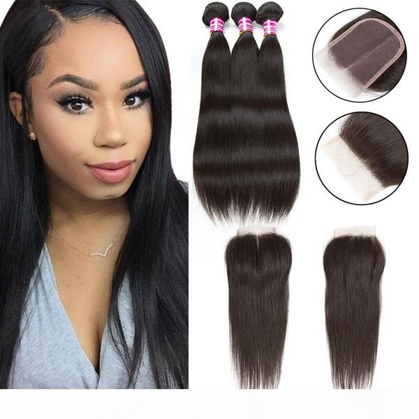 

cosy silk straight hair weaves closure 3 bundles and closure brazilian peruvian indian malaysian hair weave bundles with lace closure, Black;brown