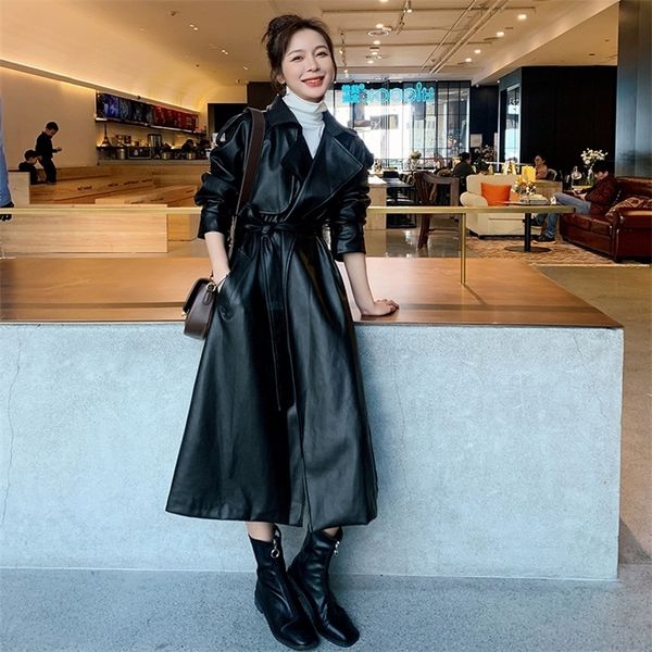 

new design cotton thick high street fashion fall leather trench women long coat 060 201031, Tan;black