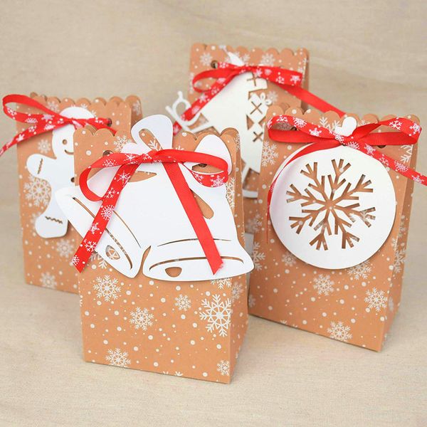 

4pcs christmas bell snowflake tag kraft paper candy gift boxes for xmas party decoration cookies snack food packaging bag
